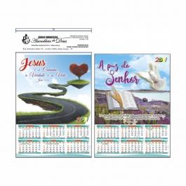 Calendário Semestral - Modelo 2 - Parte cima papel cartão 275g e folhas em couchê 90g 26x44cm - 1x0 (1 cor somente frente) - Sem verniz - Refile e furo 4mm - 2 folhas (6 meses em cada folha) - Impressão Silk Screen